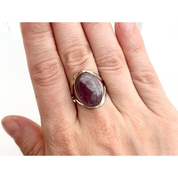 Domed Amethyst Semi-Precious Silver Adjustable Southwest Vintage Ring - sz 8 - Picture 8 of 9